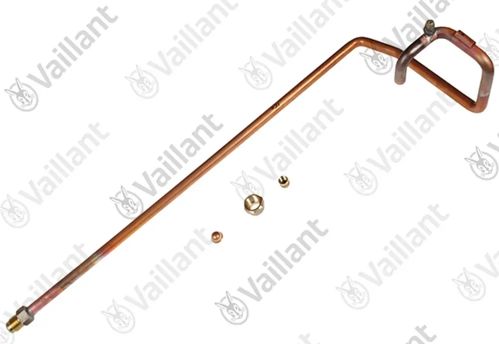 Kupferrohr von Vaillant mit einer gebogenen Form und verschiedenen Verbindungselementen für Heizungs- oder Installationsanwendungen.